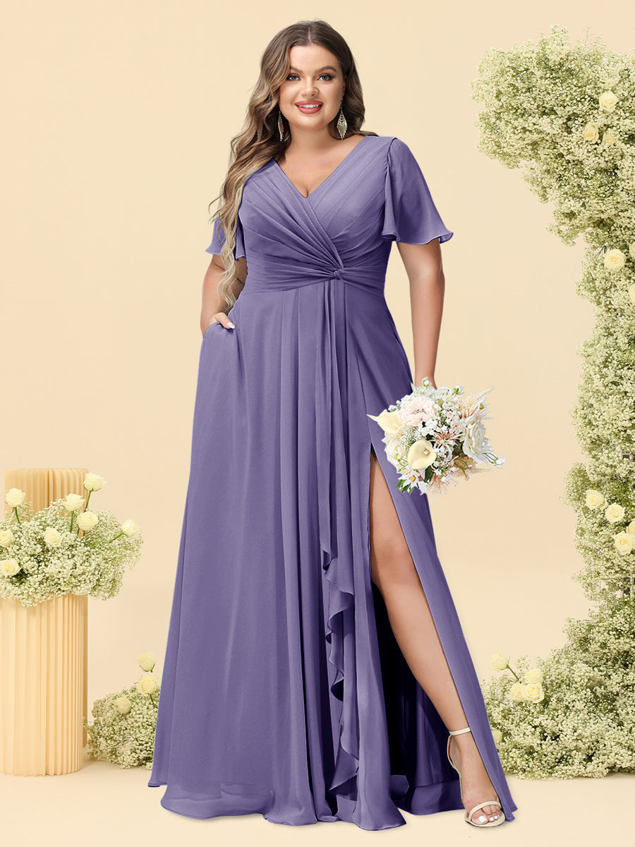 A-Line/Princess V-Neck Sleeveless Chiffon Plus Size Bridesmaid Dresses with Pockets - Image 21