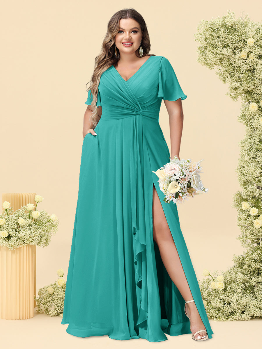 A-Line/Princess V-Neck Sleeveless Chiffon Plus Size Bridesmaid Dresses with Pockets - Image 69