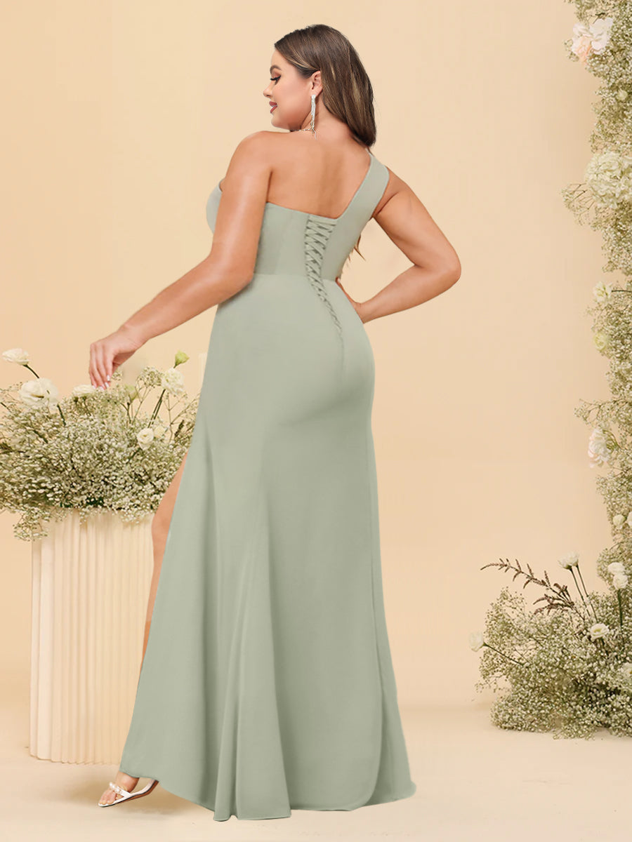Sheath/Column One-Shoulder Long Plus Size Bridesmaid Dresses with Split Side - 이미지 2