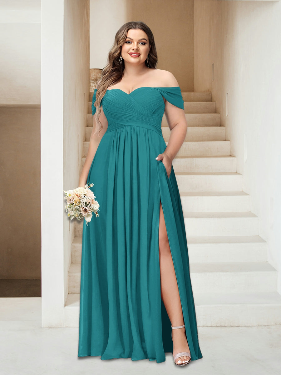 A-Line/Princess Off-the-Shoulder Sleeveless Chiffon Plus Size Bridesmaid Dresses with Pockets - Image 70