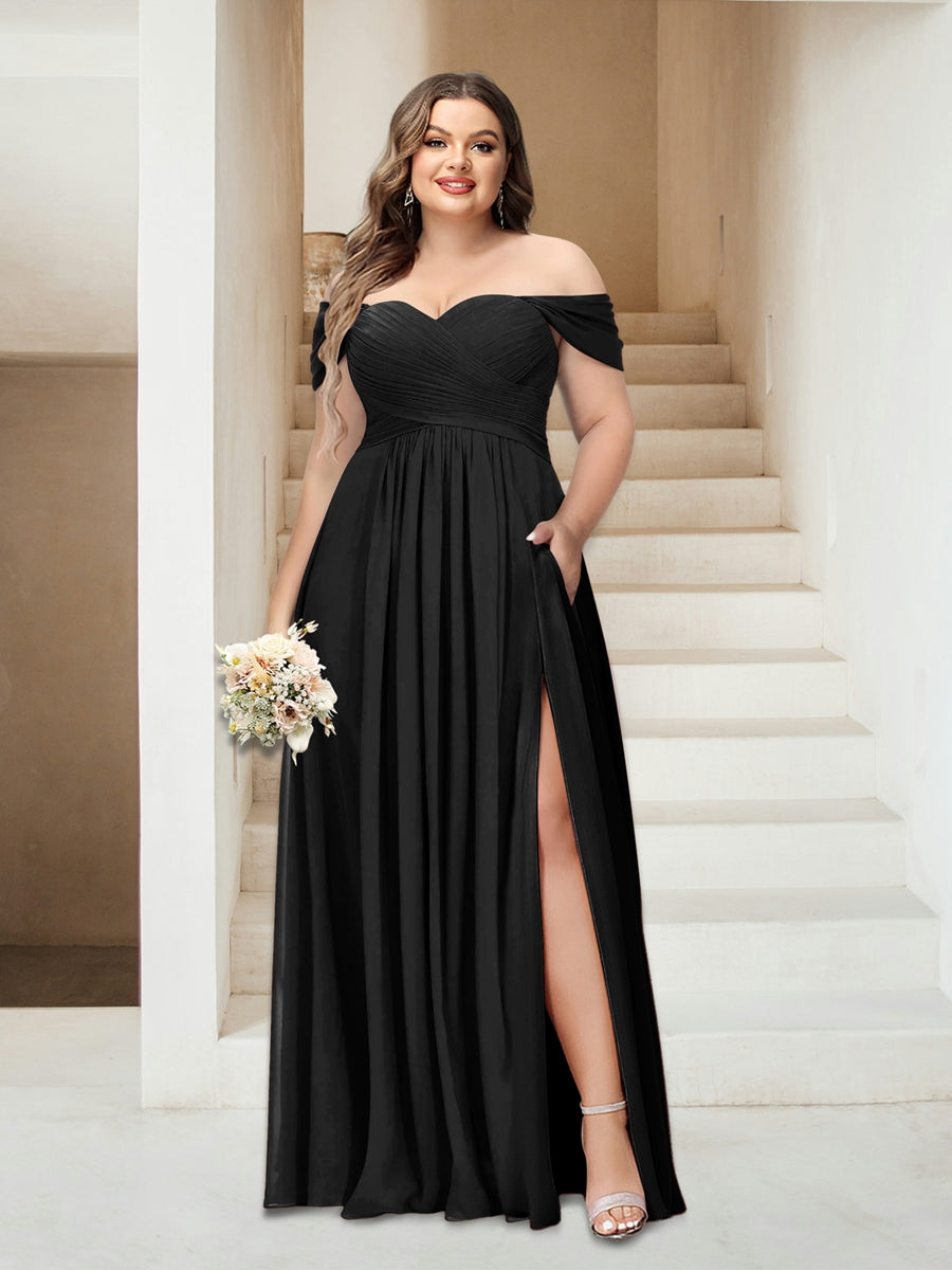A-Line/Princess Off-the-Shoulder Sleeveless Chiffon Plus Size Bridesmaid Dresses with Pockets - Image 3