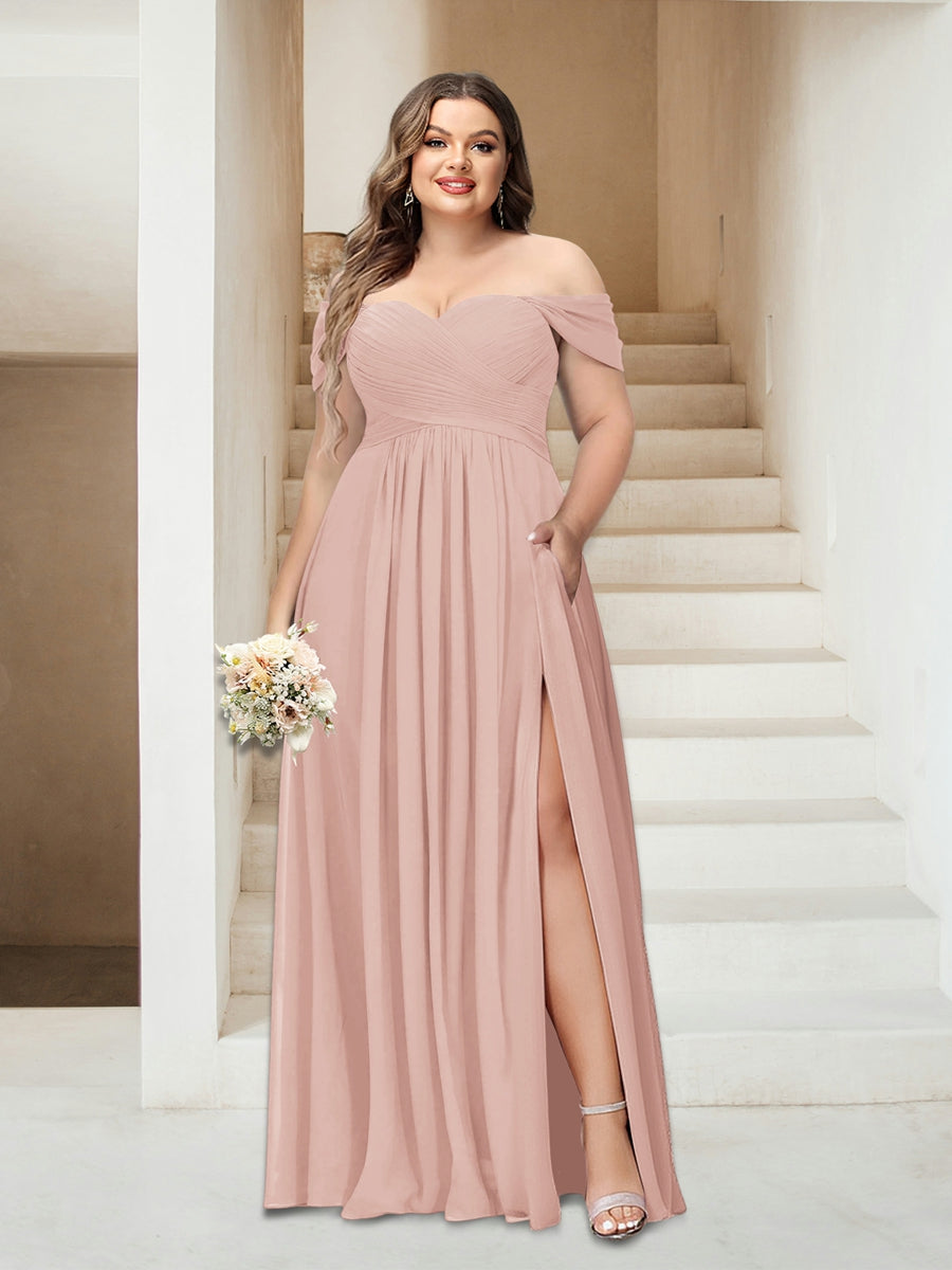 A-Line/Princess Off-the-Shoulder Sleeveless Chiffon Plus Size Bridesmaid Dresses with Pockets - Image 4