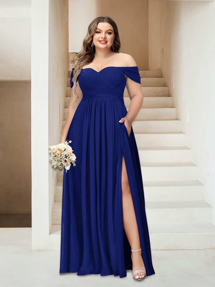 A-Line/Princess Off-the-Shoulder Sleeveless Chiffon Plus Size Bridesmaid Dresses with Pockets - Image 11