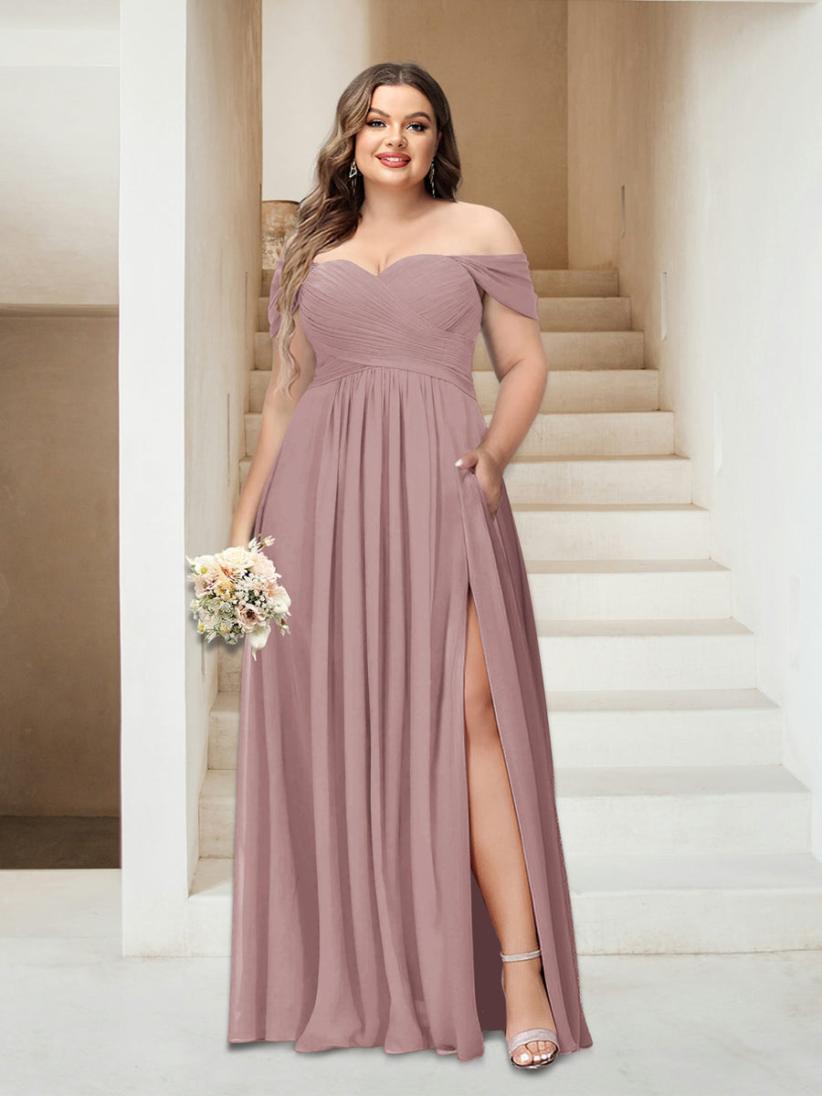 A-Line/Princess Off-the-Shoulder Sleeveless Chiffon Plus Size Bridesmaid Dresses with Pockets - Image 13