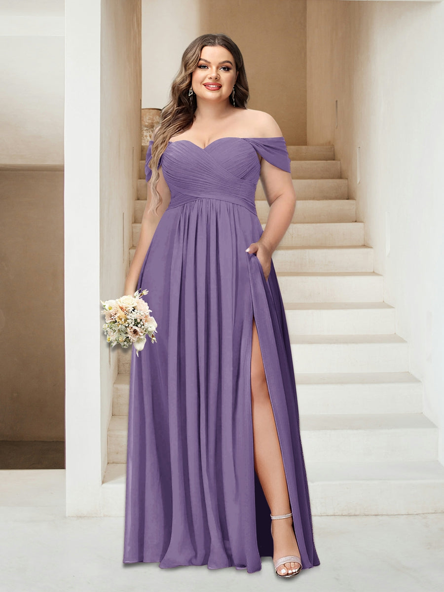 A-Line/Princess Off-the-Shoulder Sleeveless Chiffon Plus Size Bridesmaid Dresses with Pockets - Image 14