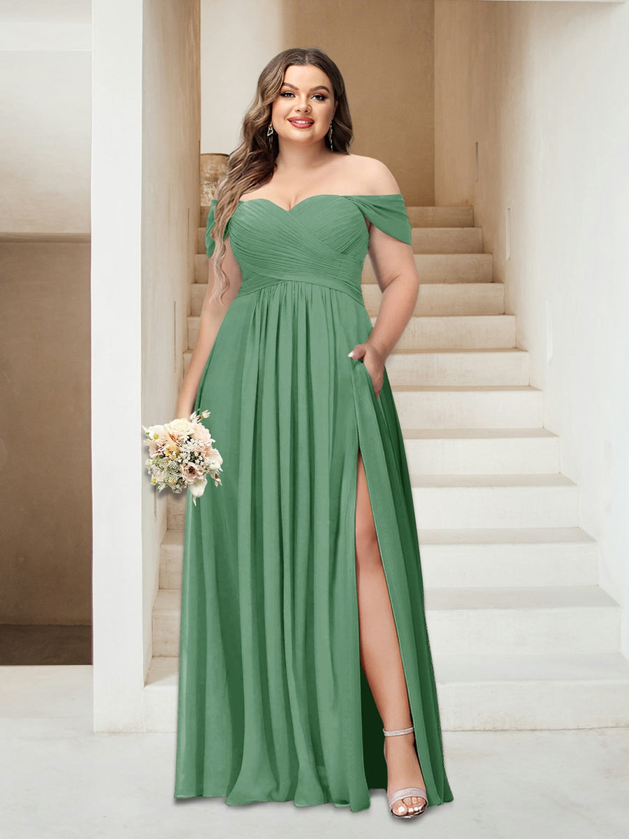 A-Line/Princess Off-the-Shoulder Sleeveless Chiffon Plus Size Bridesmaid Dresses with Pockets - Image 18