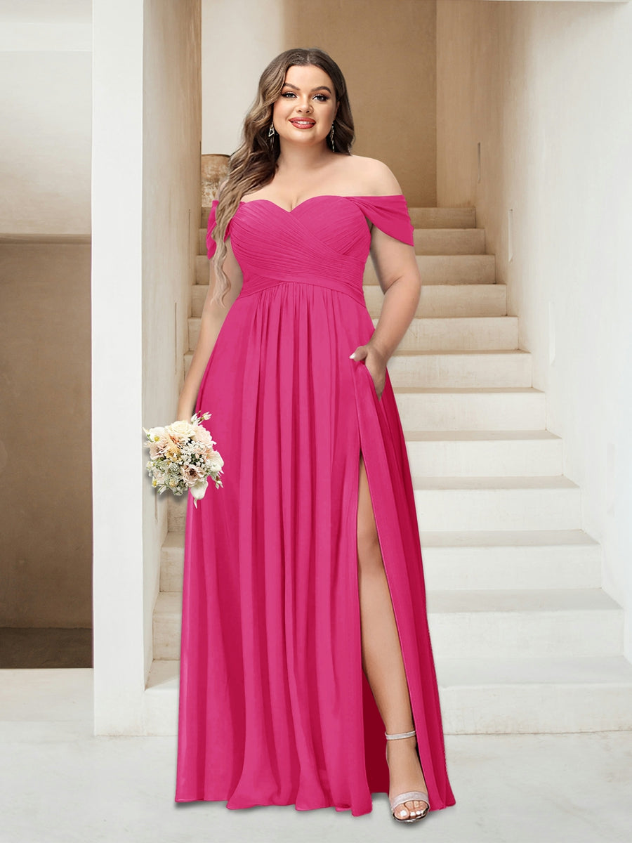 A-Line/Princess Off-the-Shoulder Sleeveless Chiffon Plus Size Bridesmaid Dresses with Pockets - Image 25