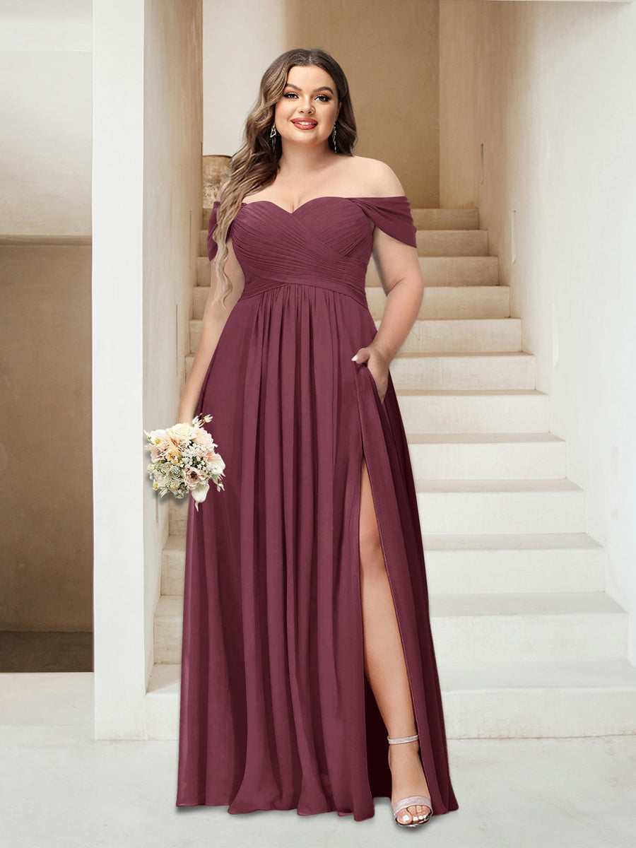 A-Line/Princess Off-the-Shoulder Sleeveless Chiffon Plus Size Bridesmaid Dresses with Pockets - Image 39