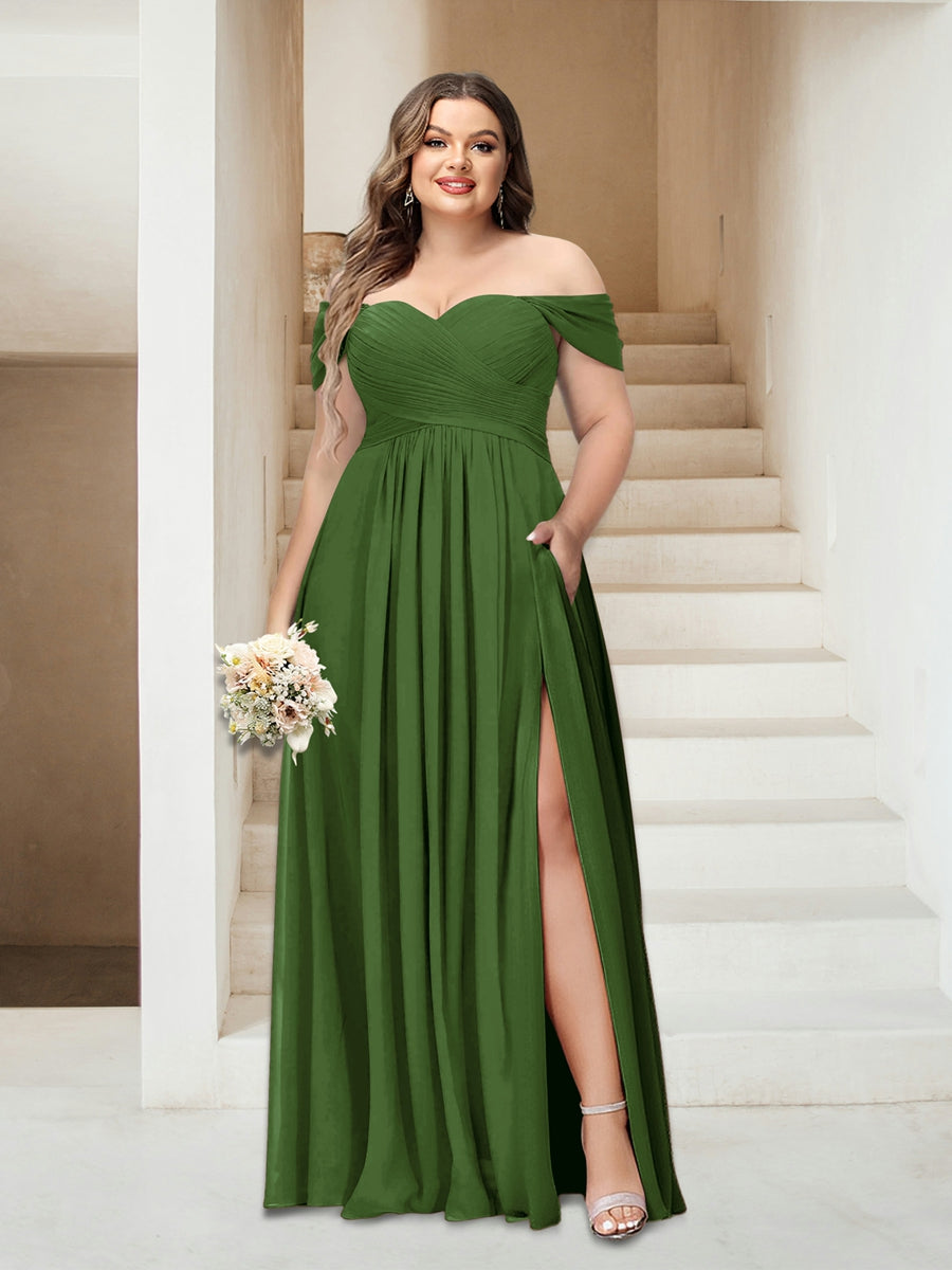A-Line/Princess Off-the-Shoulder Sleeveless Chiffon Plus Size Bridesmaid Dresses with Pockets - Image 44