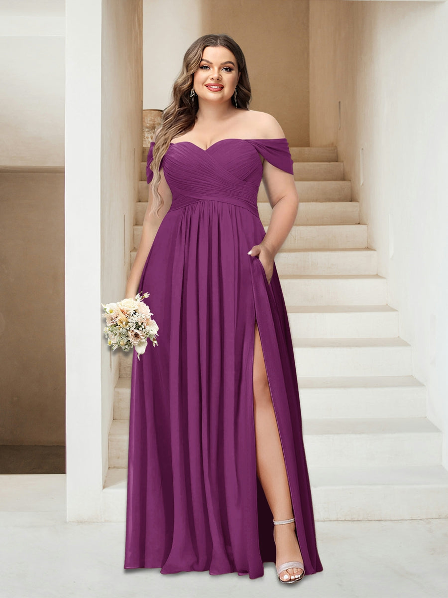 A-Line/Princess Off-the-Shoulder Sleeveless Chiffon Plus Size Bridesmaid Dresses with Pockets - Image 55