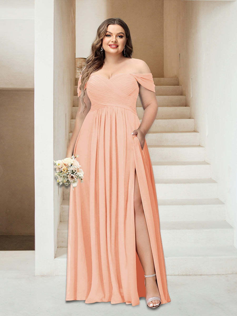A-Line/Princess Off-the-Shoulder Sleeveless Chiffon Plus Size Bridesmaid Dresses with Pockets - Image 56