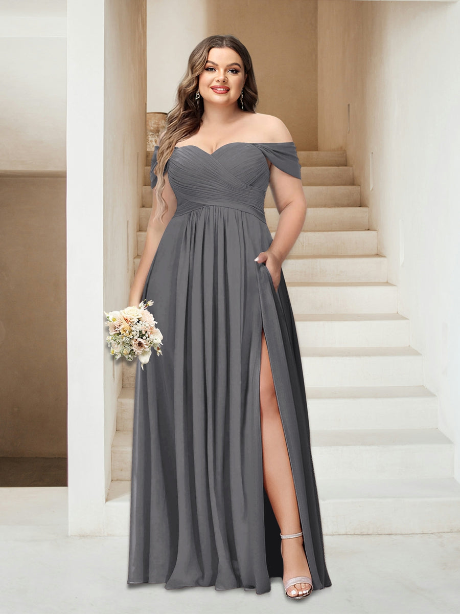 A-Line/Princess Off-the-Shoulder Sleeveless Chiffon Plus Size Bridesmaid Dresses with Pockets - Image 52