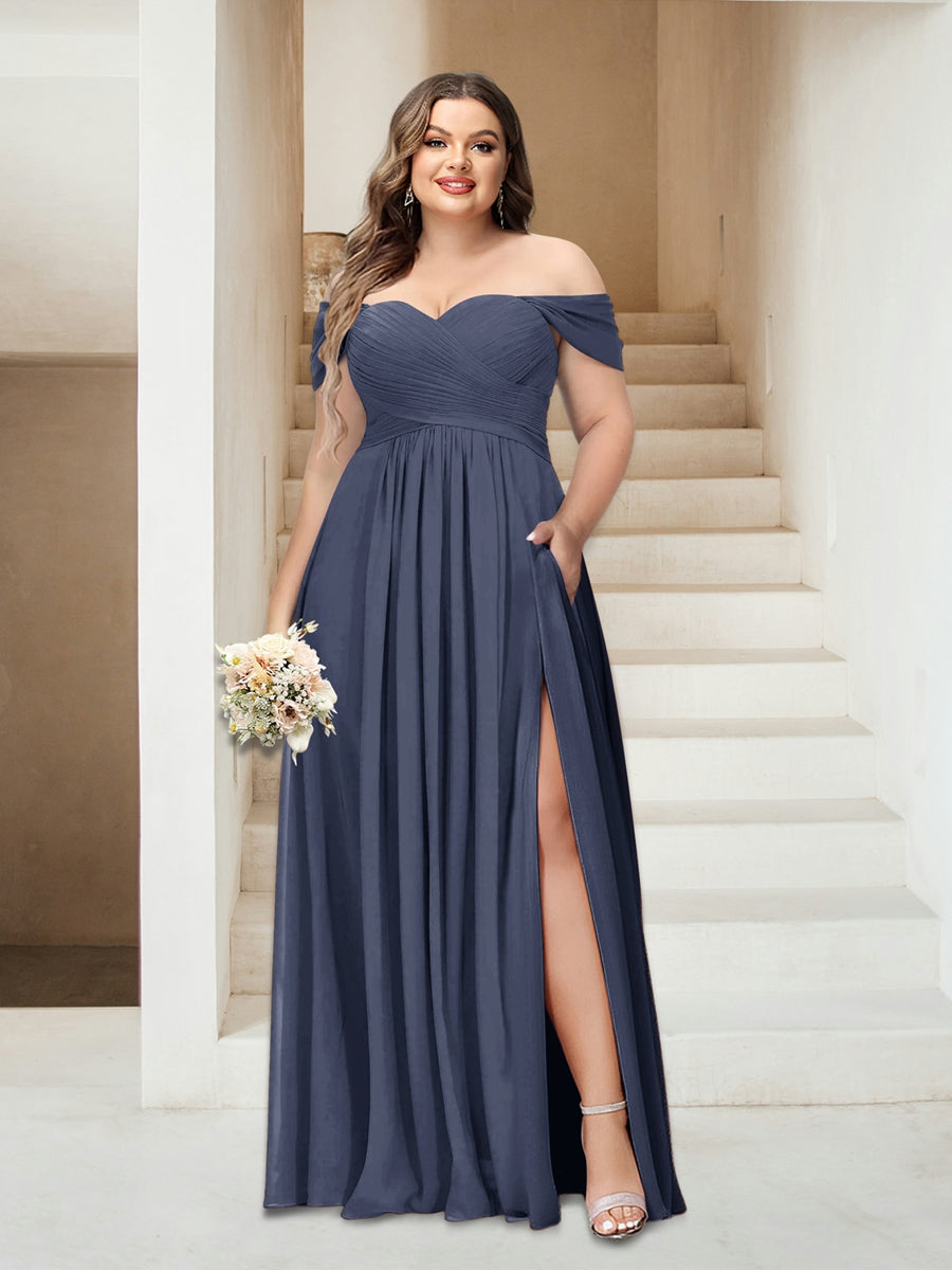 A-Line/Princess Off-the-Shoulder Sleeveless Chiffon Plus Size Bridesmaid Dresses with Pockets - Image 62