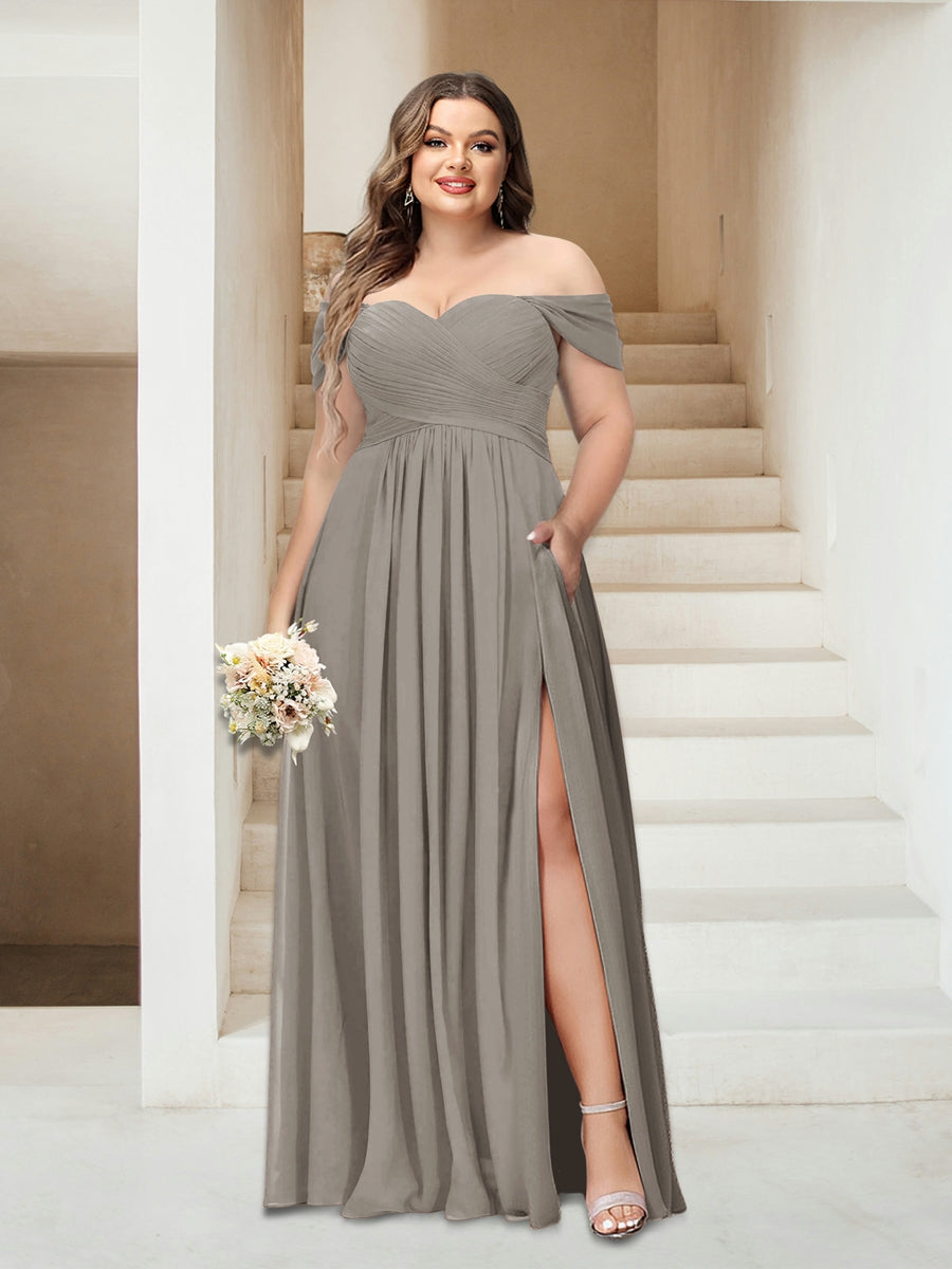 A-Line/Princess Off-the-Shoulder Sleeveless Chiffon Plus Size Bridesmaid Dresses with Pockets - Image 63