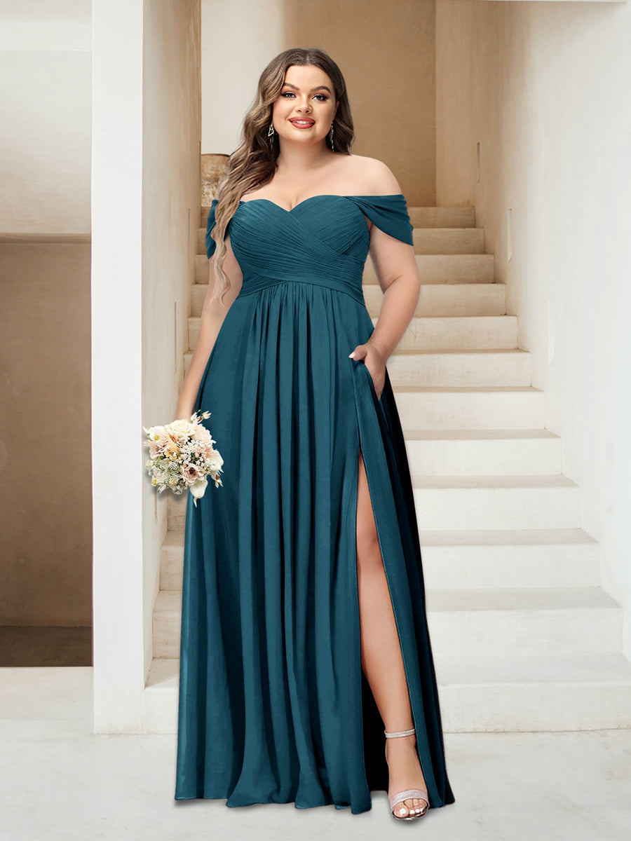 A-Line/Princess Off-the-Shoulder Sleeveless Chiffon Plus Size Bridesmaid Dresses with Pockets - Image 64