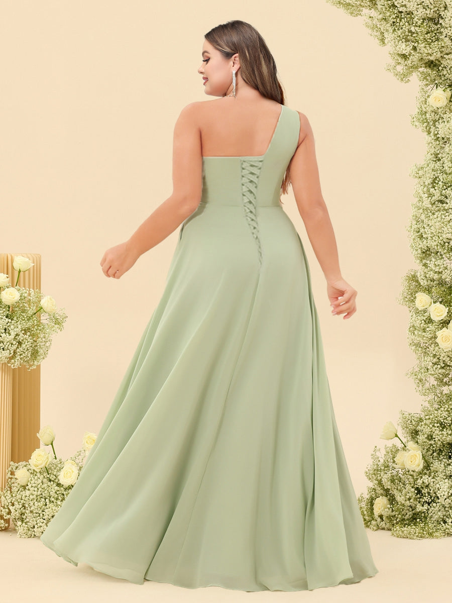 A-Line/Princess One-Shoulder Sleeveless Long Plus Size Bridesmaid Dresses with Split Side - 이미지 2