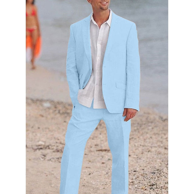 Men's Tailored Fit Single Breasted Two-buttons 2 Pieces Solid Colored Linen Suits - Image 2