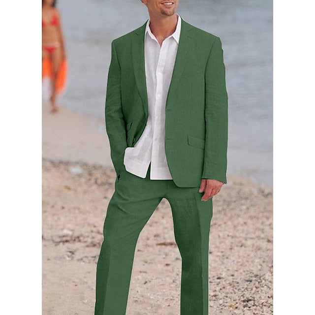 Men's Tailored Fit Single Breasted Two-buttons 2 Pieces Solid Colored Linen Suits - Image 3