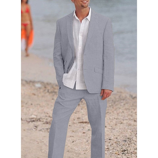 Men's Tailored Fit Single Breasted Two-buttons 2 Pieces Solid Colored Linen Suits - Image 4
