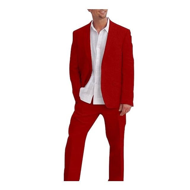 Men's Tailored Fit Single Breasted Two-buttons 2 Pieces Solid Colored Linen Suits - Image 5