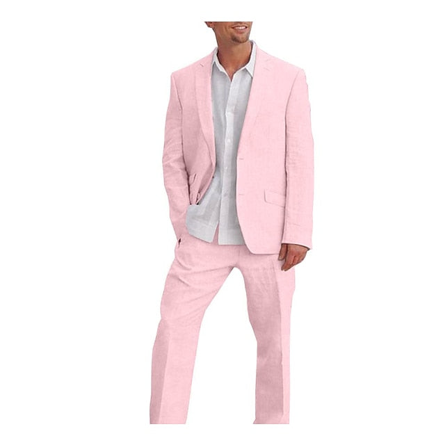 Men's Tailored Fit Single Breasted Two-buttons 2 Pieces Solid Colored Linen Suits - Image 6