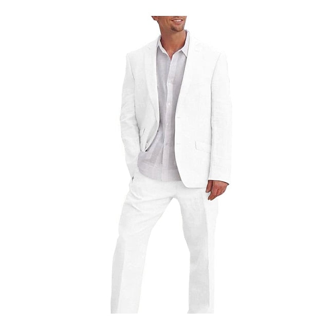 Men's Tailored Fit Single Breasted Two-buttons 2 Pieces Solid Colored Linen Suits - Image 7