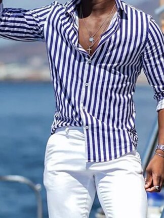 Men's Casual Cotton Blend Long Sleeves Stripes Shirt