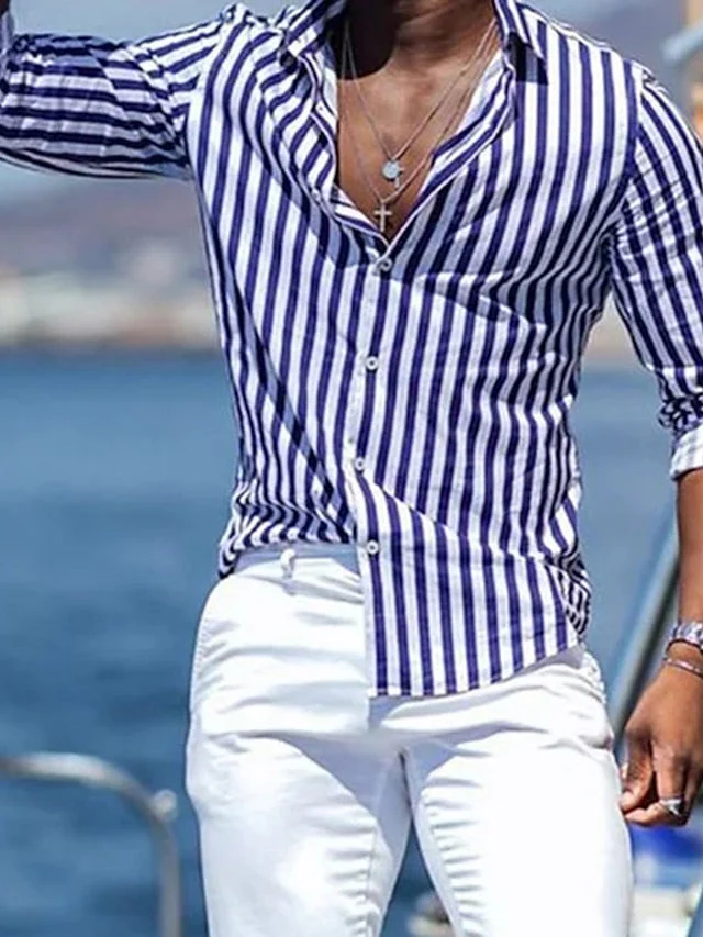 Men's Casual Cotton Blend Long Sleeves Stripes Shirt - Image 2