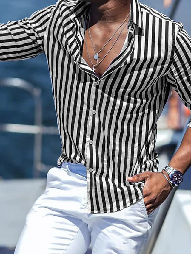 Men's Casual Cotton Blend Long Sleeves Stripes Shirt - Image 3