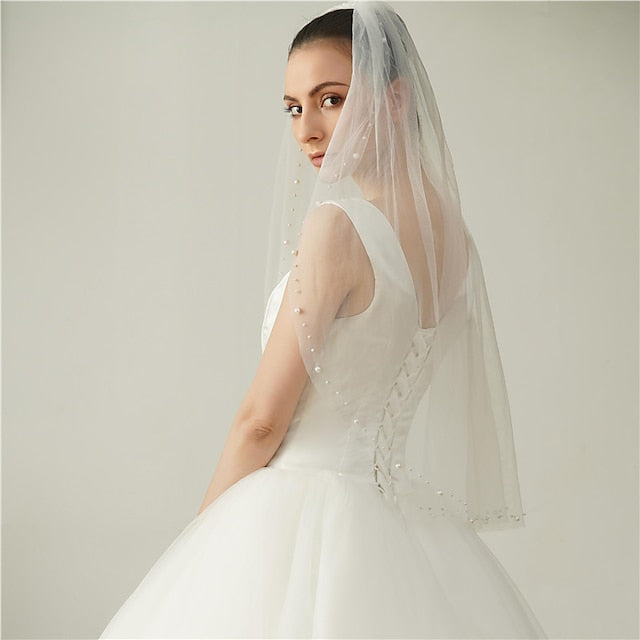 One-tier Pearl Wedding Veils Elbow Veils with Faux Pearl - 이미지 2