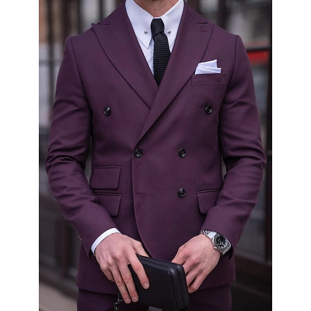 Men's Tailored Fit Double Breasted Six-buttons 2 Pieces Solid Colored Wedding Suits - 이미지 5