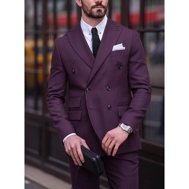 Men's Tailored Fit Double Breasted Six-buttons 2 Pieces Solid Colored Wedding Suits - 이미지 3