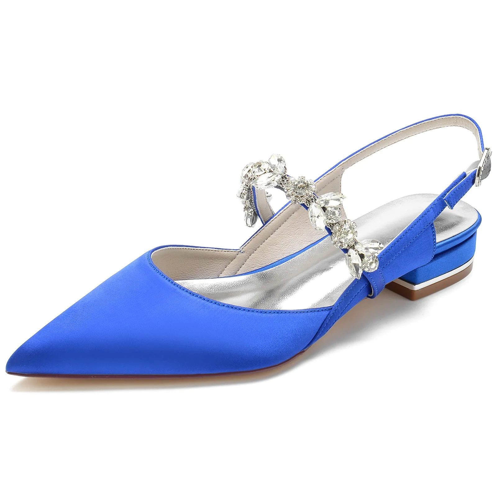 Women's Wedding Shoes Silk Satin Rhinestone Low Pointed Toe Buckle Bridal Shoes - Image 3