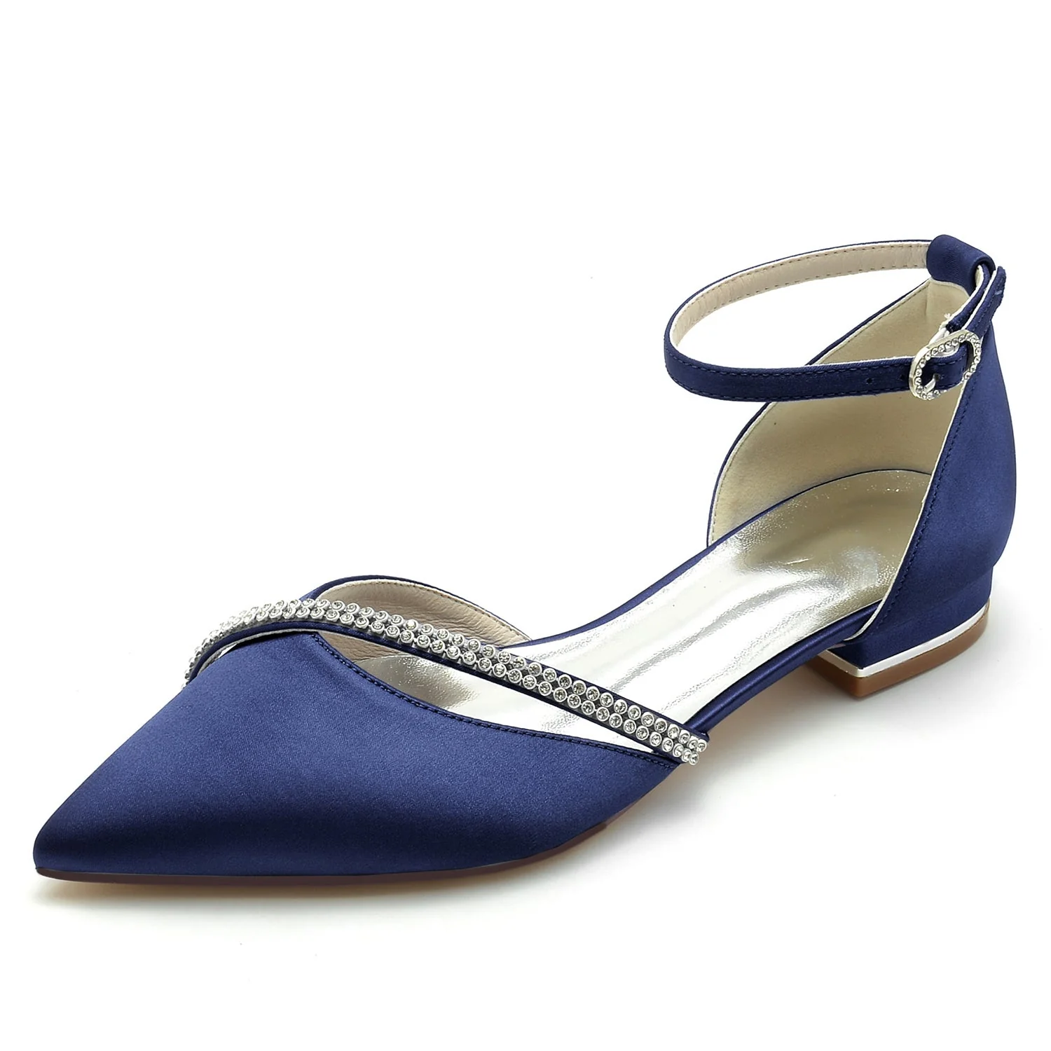 Women's Wedding Shoe Royal Blue Rhinestone Silk Satin Pointed Toe Low Buckle Bridal Shoes - 이미지 5