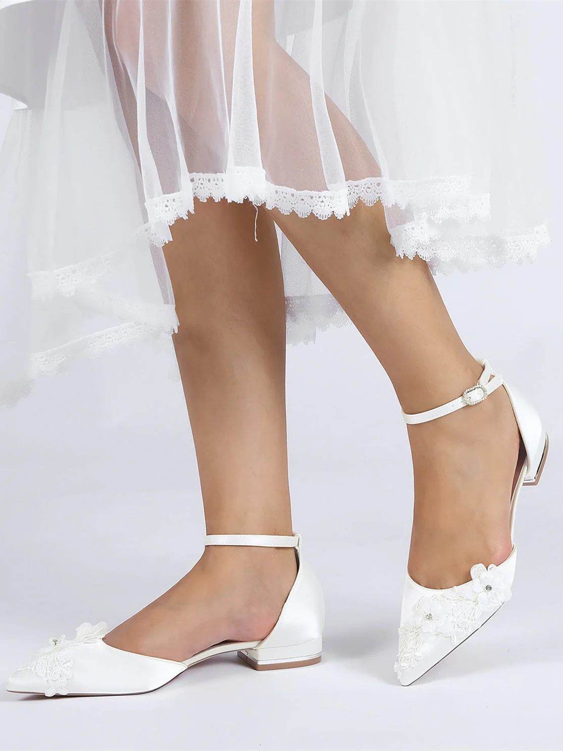Women's Wedding Shoes Lace Flat Heel Pointed Toe Bridesmaid Shoes - Image 2
