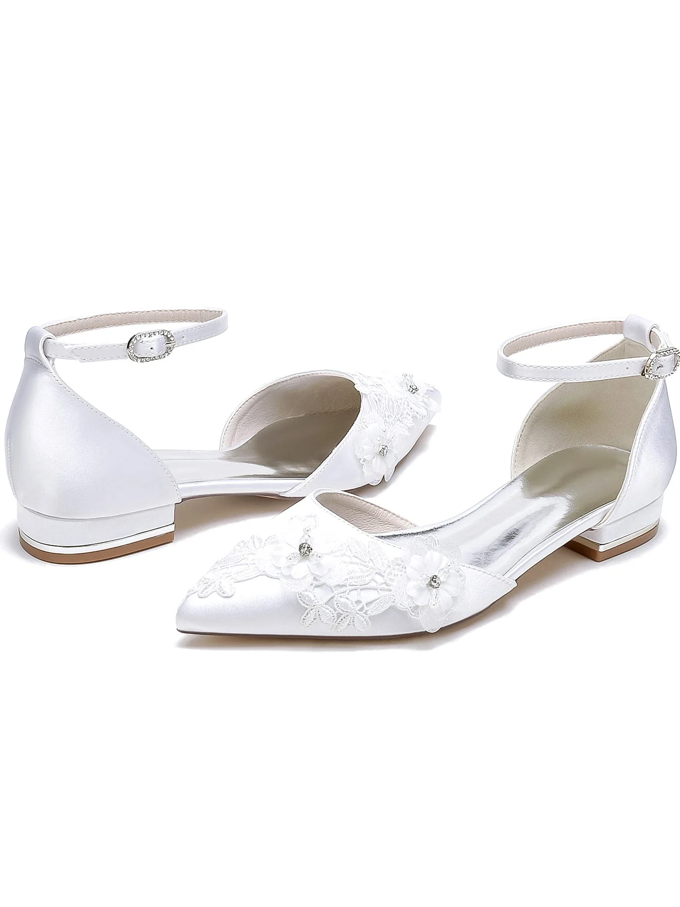 Women's Wedding Shoes Lace Flat Heel Pointed Toe Bridesmaid Shoes - Image 6