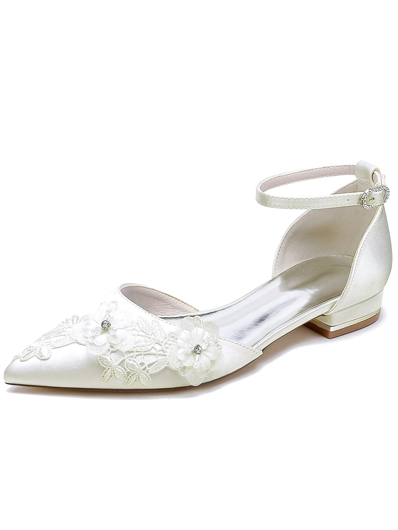 Women's Wedding Shoes Lace Flat Heel Pointed Toe Bridesmaid Shoes - Image 3