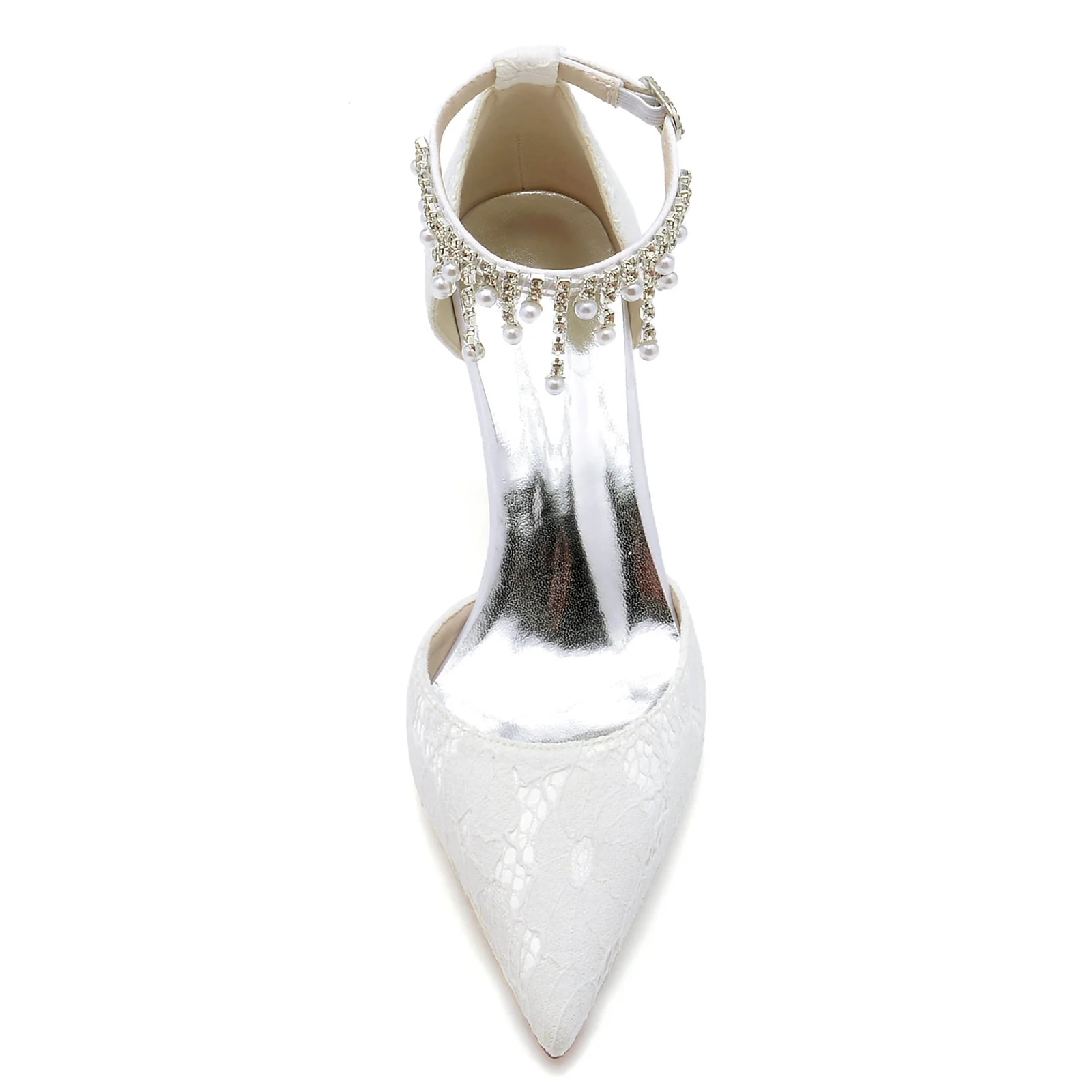Women's Wedding Shoes Pearl Lace Stiletto Pointed Toe Ankle Strap Bridal Shoes - Image 5