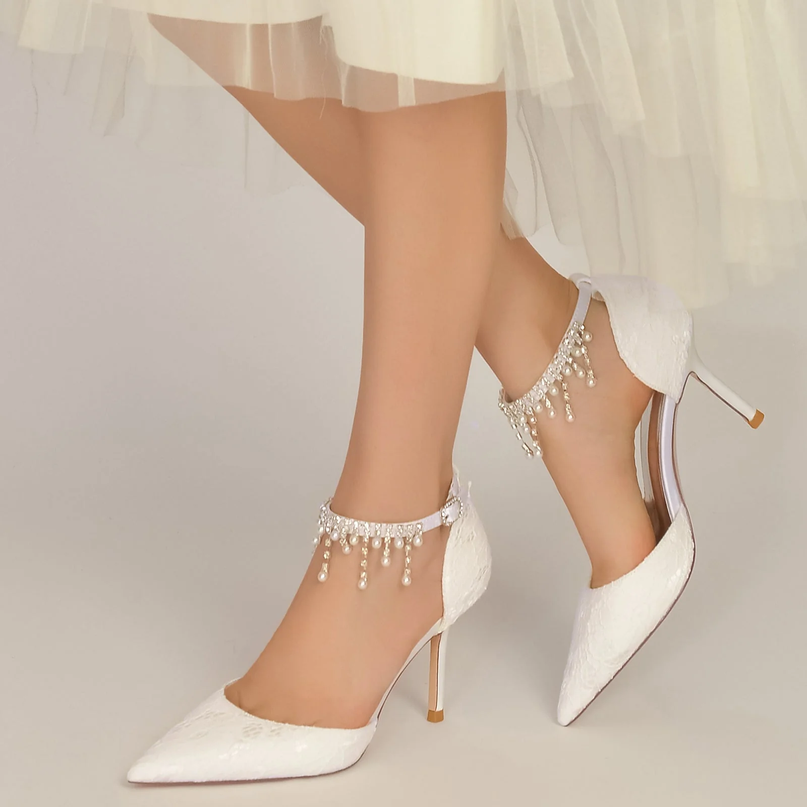 Women's Wedding Shoes Pearl Lace Stiletto Pointed Toe Ankle Strap Bridal Shoes - Image 3