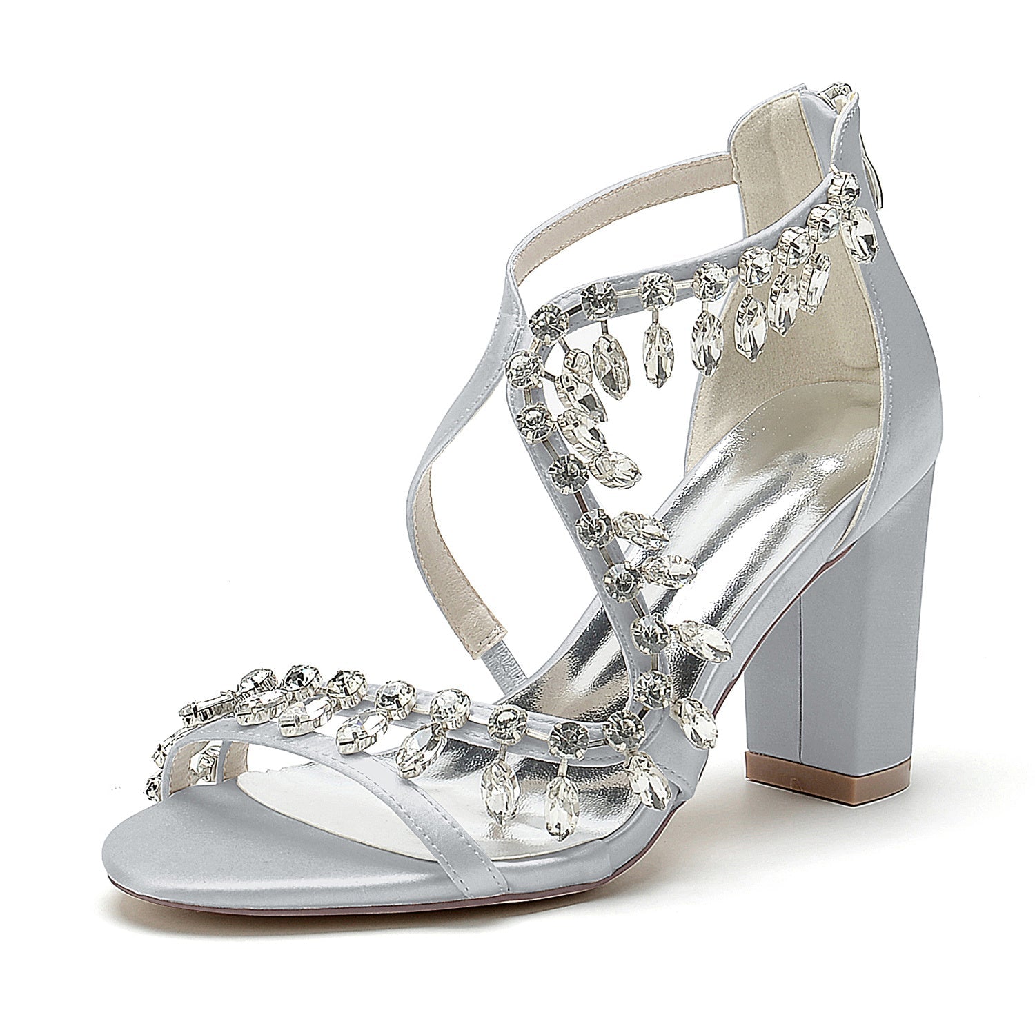 Women's Wedding Shoes Opened Toe Chunky Heel Crossed Rhinestone Buckle Bridal Shoes - 이미지 14