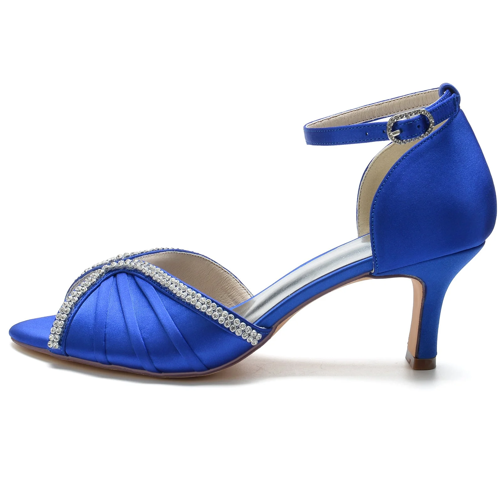 Women's Wedding Shoes Silk Satin Crystal Opened Toe Mid Heel Buckle Bridal Shoes - 画像 (3)