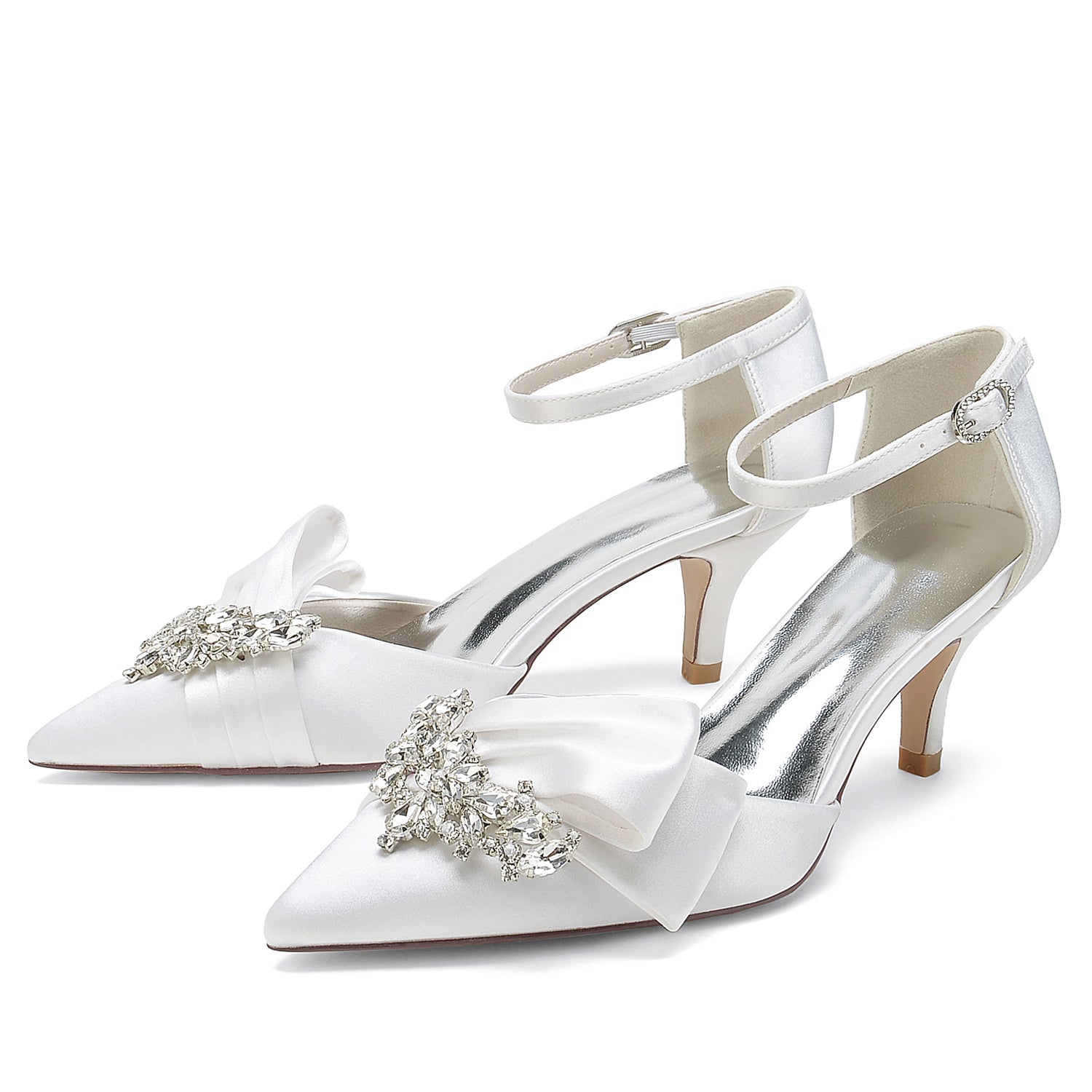 Women's Wedding Shoes Silk Satin Rhinestone Bow Mid Pointed Toe Buckle Bridal Shoes - Image 6