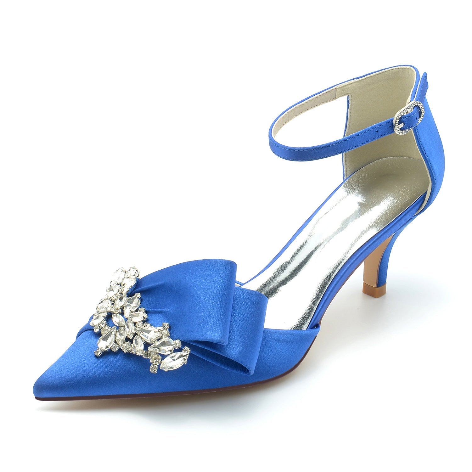 Women's Wedding Shoes Silk Satin Rhinestone Bow Mid Pointed Toe Buckle Bridal Shoes - Image 8