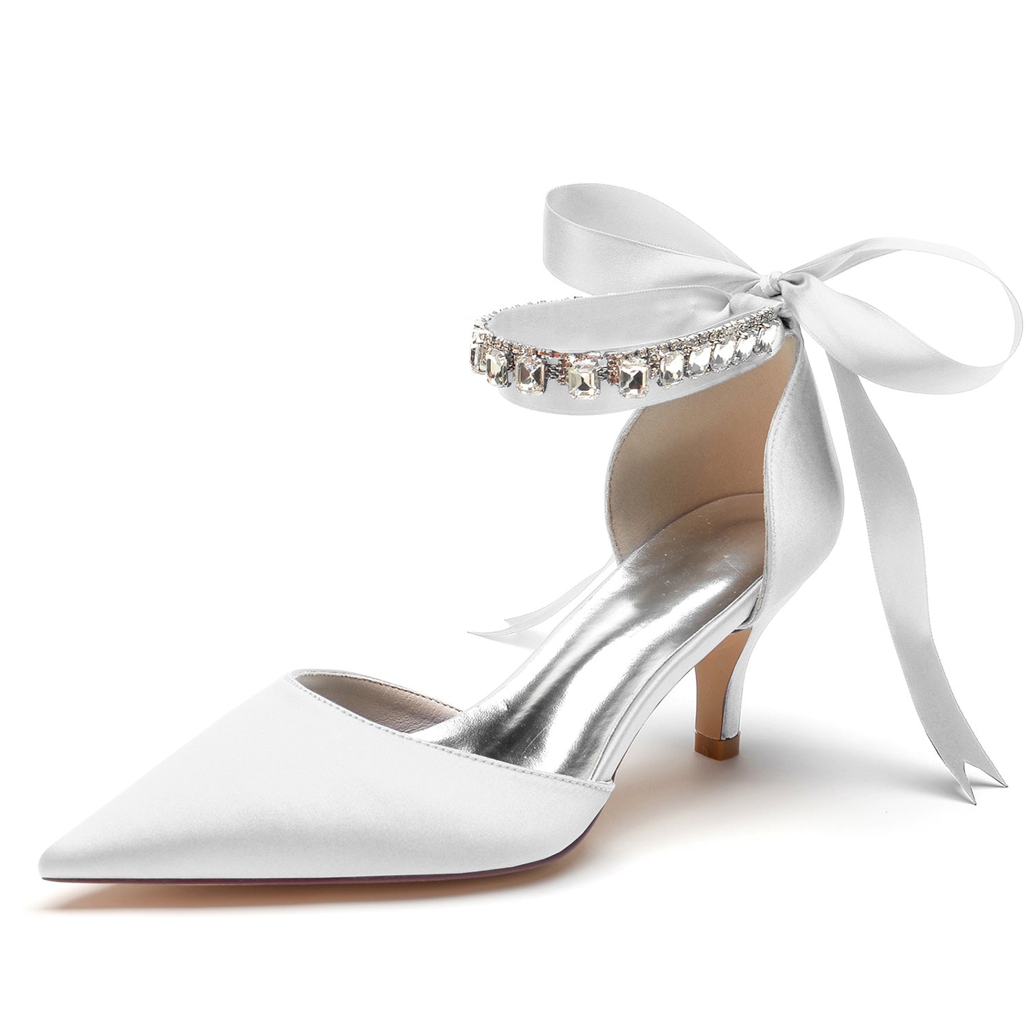 Women's Wedding Shoes Pointed Toe Mid Heel Rhinestone Bow Buckle Bridal Shoes - 이미지 7