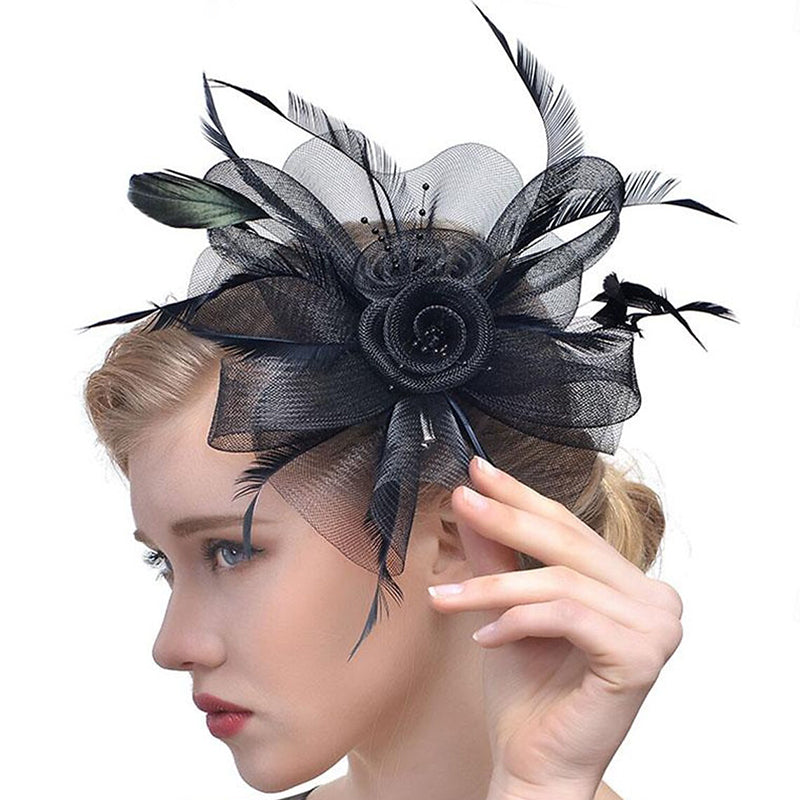 Organza Fedora Hat Ladies Day Feather Cocktail Headpiece/Veil Hat With Bow - 画像 (8)