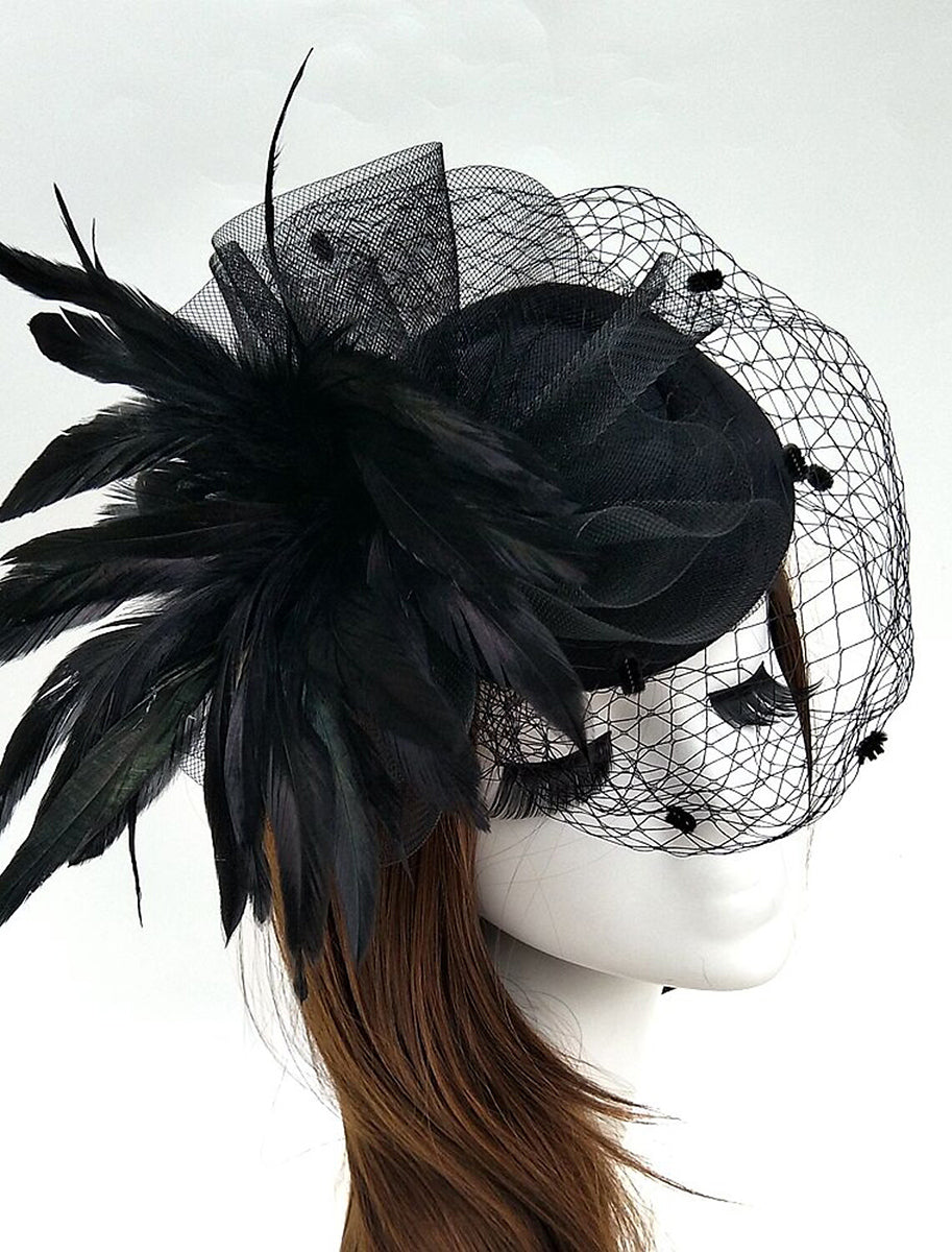 Black Feather Wedding Horse Race Ladies Day Net Headpiece/Headwear