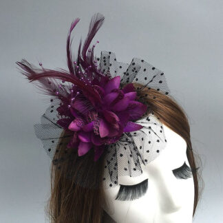 Dark Purple Net Hat Wedding Evening Party Flower Feather Fascinator/Headband