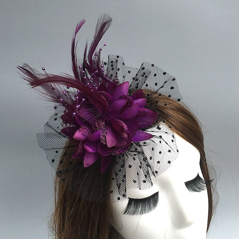 Dark Purple Net Hat Wedding Evening Party Flower Feather Fascinator/Headband