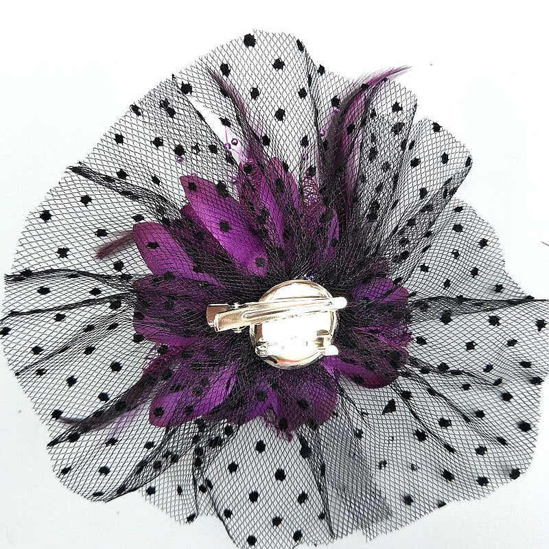 Dark Purple Net Hat Wedding Evening Party Flower Feather Fascinator/Headband - Image 2