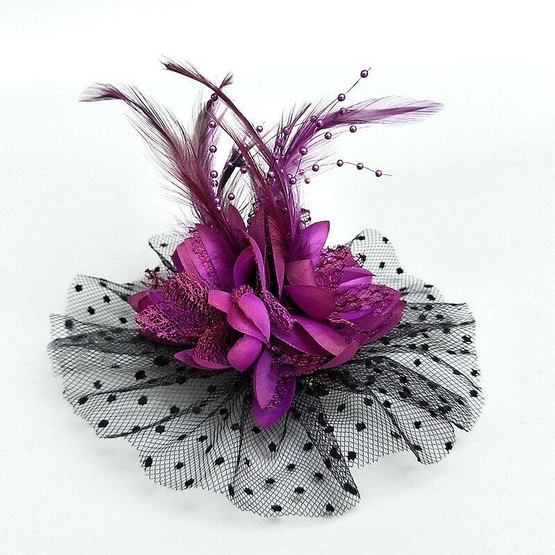 Dark Purple Net Hat Wedding Evening Party Flower Feather Fascinator/Headband - Image 3